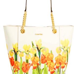 CALVIN KLEIN SHOULDER BAG, LEATHER, MULTICOLOUR FLORAL, CHAIN & LEATHER SHOULDER